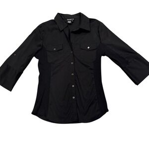 Tracy M Womens Black Button Down Shirt XL Ribbed Side Panels 3/4 Roll Tab Sleeve